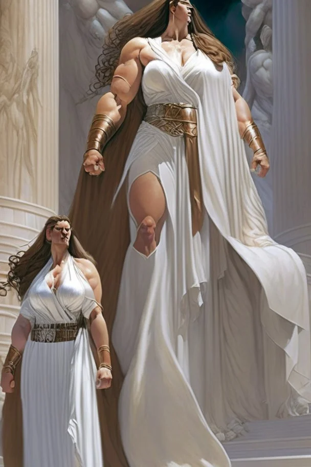 A hyper-realistic concept art of a full body fantasy tall big woman ultra muscular with an impressive stature a hard square face and brown hair wearing the white robe of greek senators white robe, full body, fantasy woman, tall, big, ultra muscular, hard square face, brown hair, greek senator white robe, by Jaime Jones, in the style of fantasy realistic art, cinematic and dramatic lighting, fantasy character drawings, realistic drawings, digital art, Highly Intricate Details, high quality