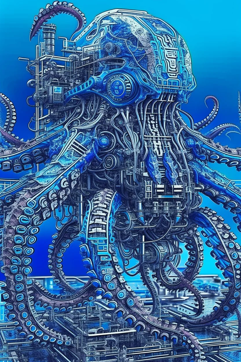 A surreal, cyberpunk mechanical octopus with a blue gel body and a flurry of intricate electronics within, rendered in hyper-realistic detail and full depth of field.