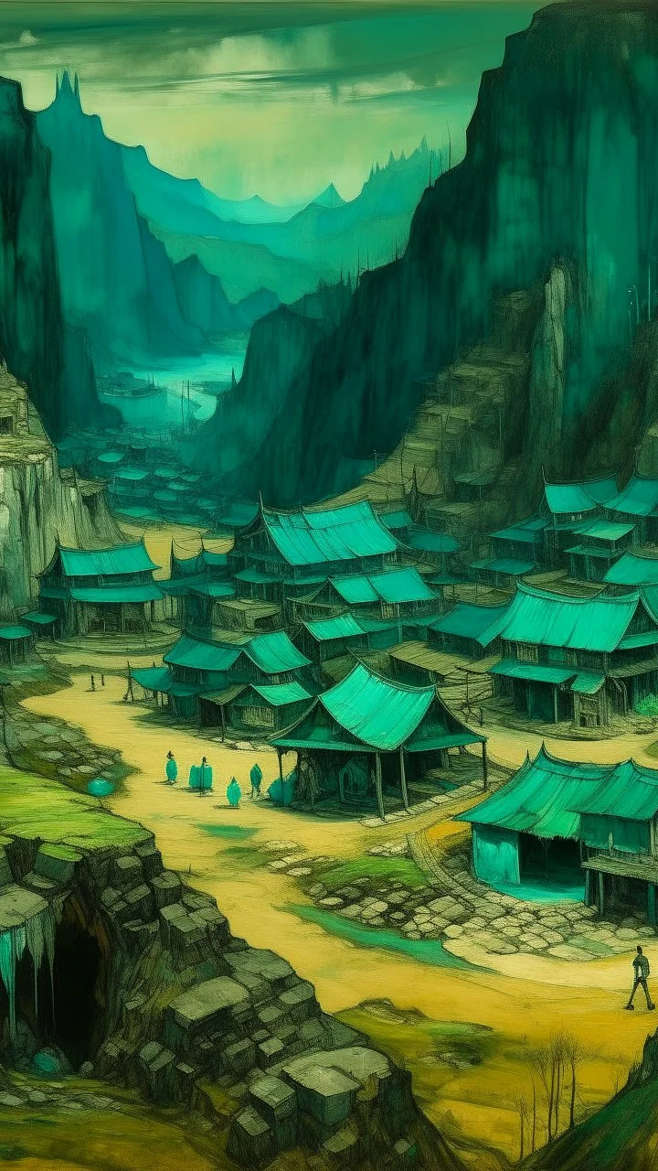 A greenish blue underground mine with a village painted by Zhang Lu