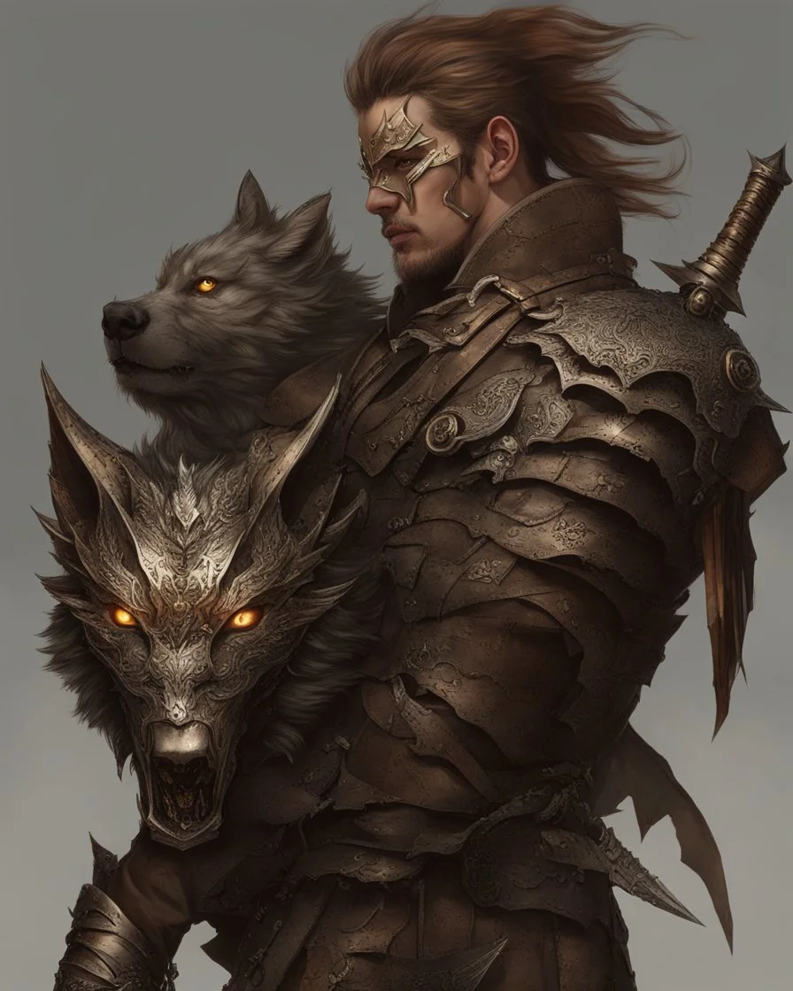 Warrior warrior with leather and metal clothes A combination of a dragon and a wolf and a commander riding on it Warrior warrior with leather and metal clothes and robotic metal