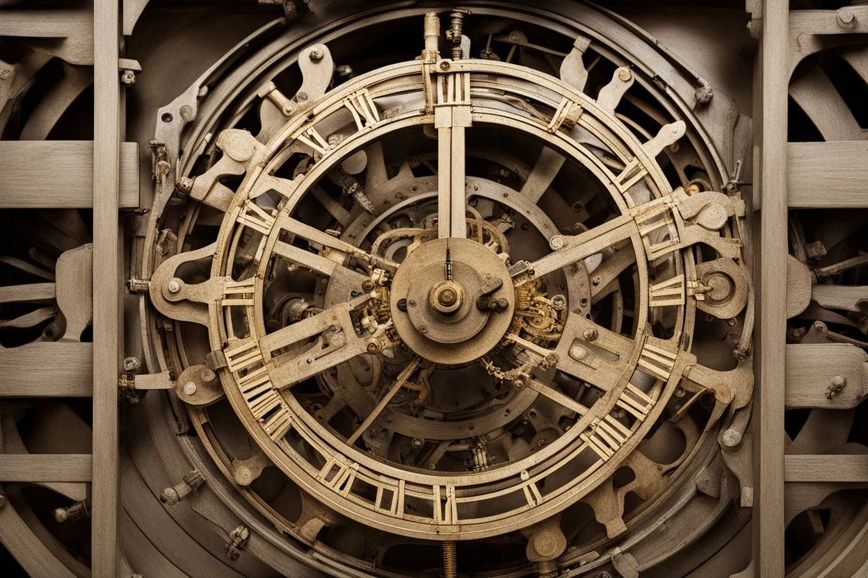 Looking down into a complicated large, old-fashioned clock mechanism with hands