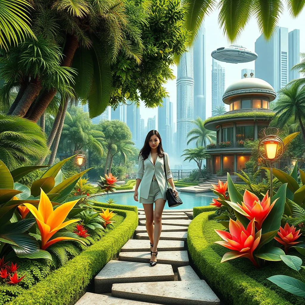 Highly detailed and intricate 3D fractal recursive art, featuring a single young woman/girl wearing fashionable modern clothing, walking directly towards the camera through a lush, futuristic villa garden. The garden is part of a larger technologically-advanced city, with towering skyscrapers and floating vehicles visible in the background. The garden itself is a verdant oasis, with exotic flora, flowing water features, and a seamless integration of natural and artificial elements. Holographic