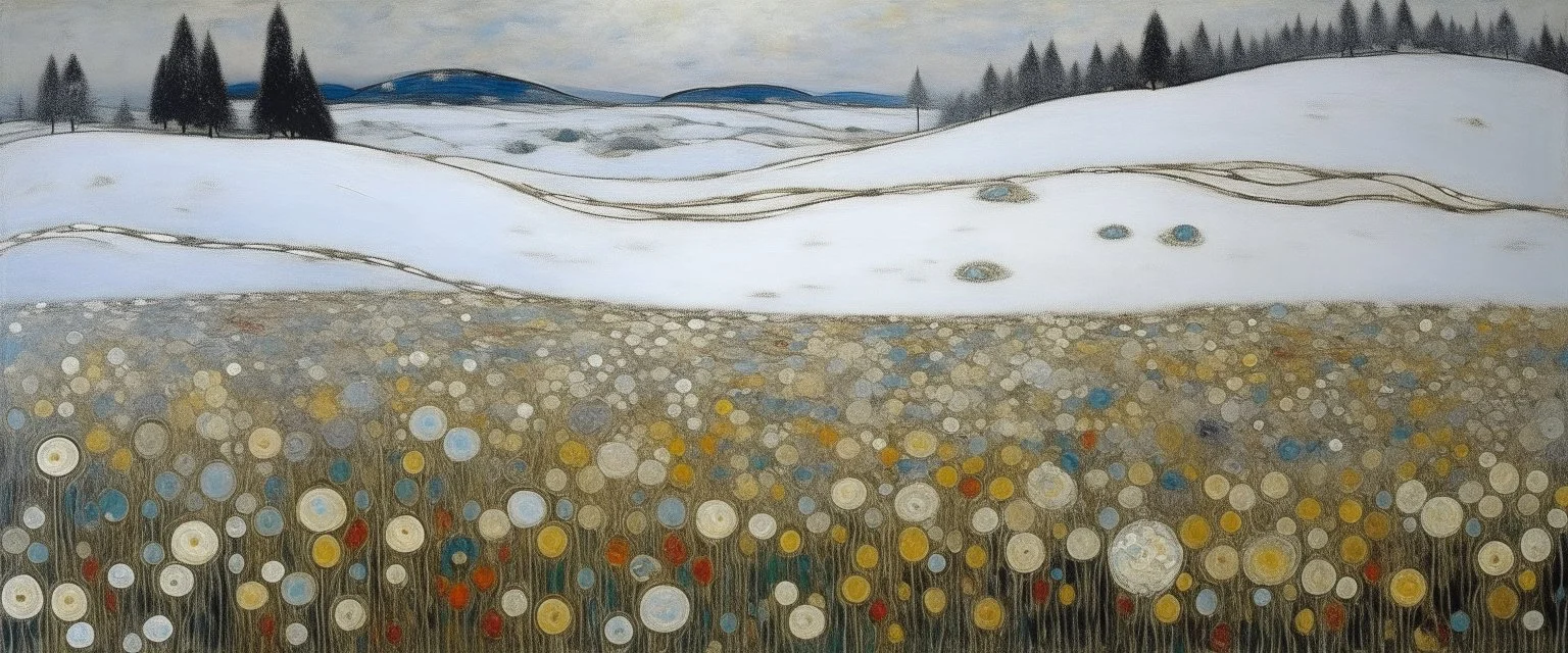 A white winter tundra with falling snowflakes painted by Gustav Klimt