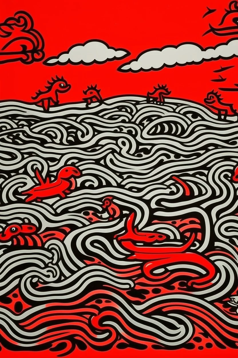 A red volcanic island with dolphins painted by Keith Haring