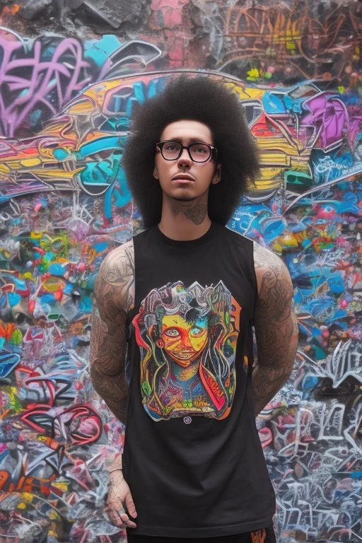 Rapper with glasses on, tattoos and piercings, afro hair and baggy pants. Graffiti wall in background