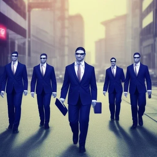 A group of penguins wearing business suits and carrying briefcases, walking through a busy city street.