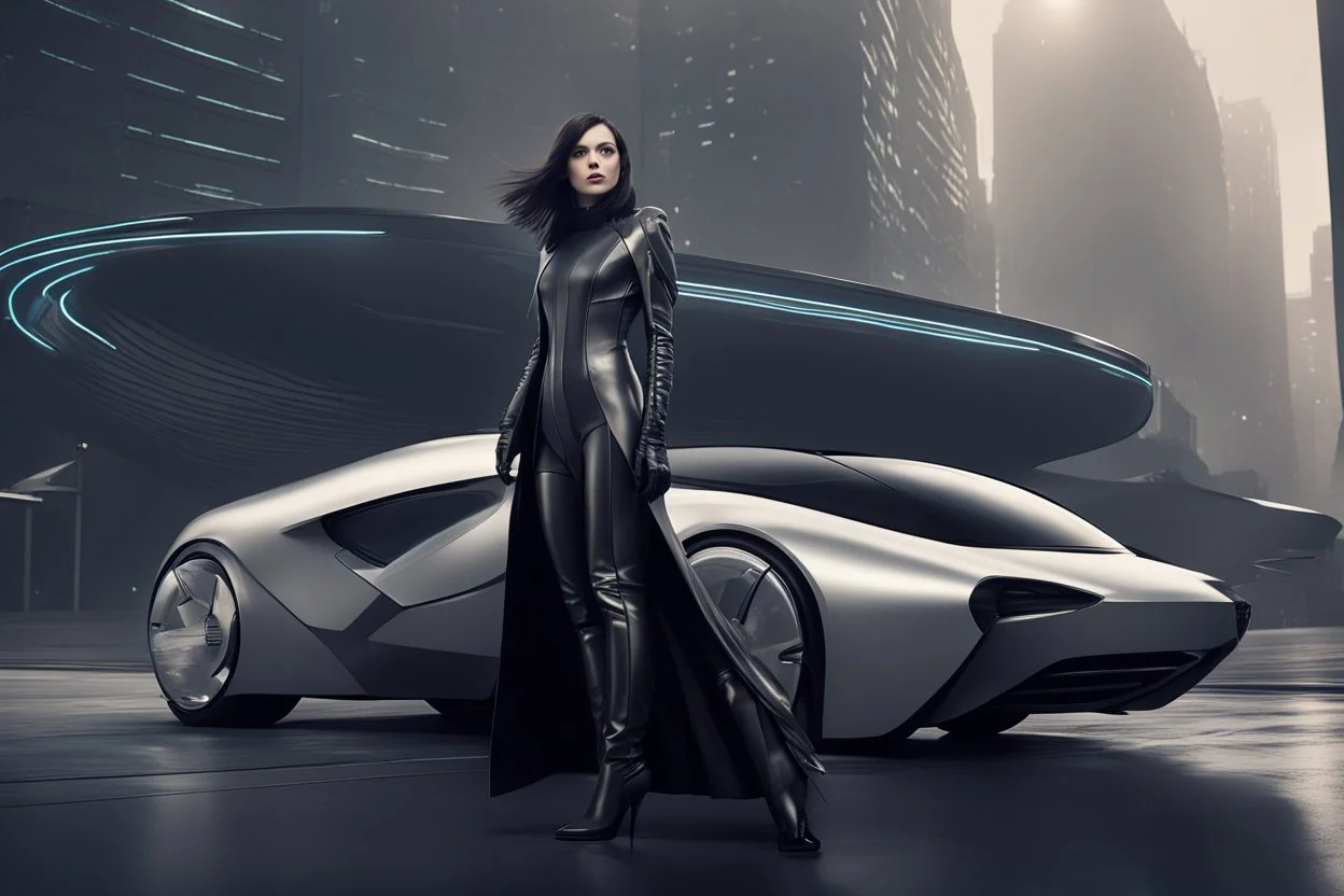 A Full-Length Pale Dark-Haired Woman With A Straight Bob Hairstyle With A Fringe, In A Futuristic Leather Outfit, And Gloves, Standing Next To A Futuristic Car, in a futuristic city