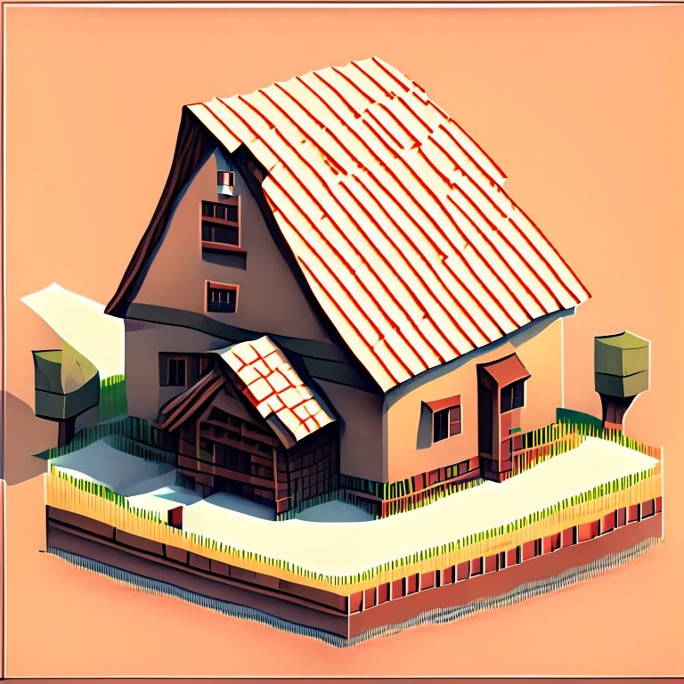 drawing of a isometric village farm building in the style of art novel