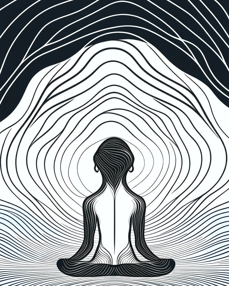 Coloring page: Minimalist line drawing of a meditating figure surrounded by energy waves, cosmic background, black and white, 3:4 aspect ratio, art, minimalism, line drawing, cosmic, narrow depth of field