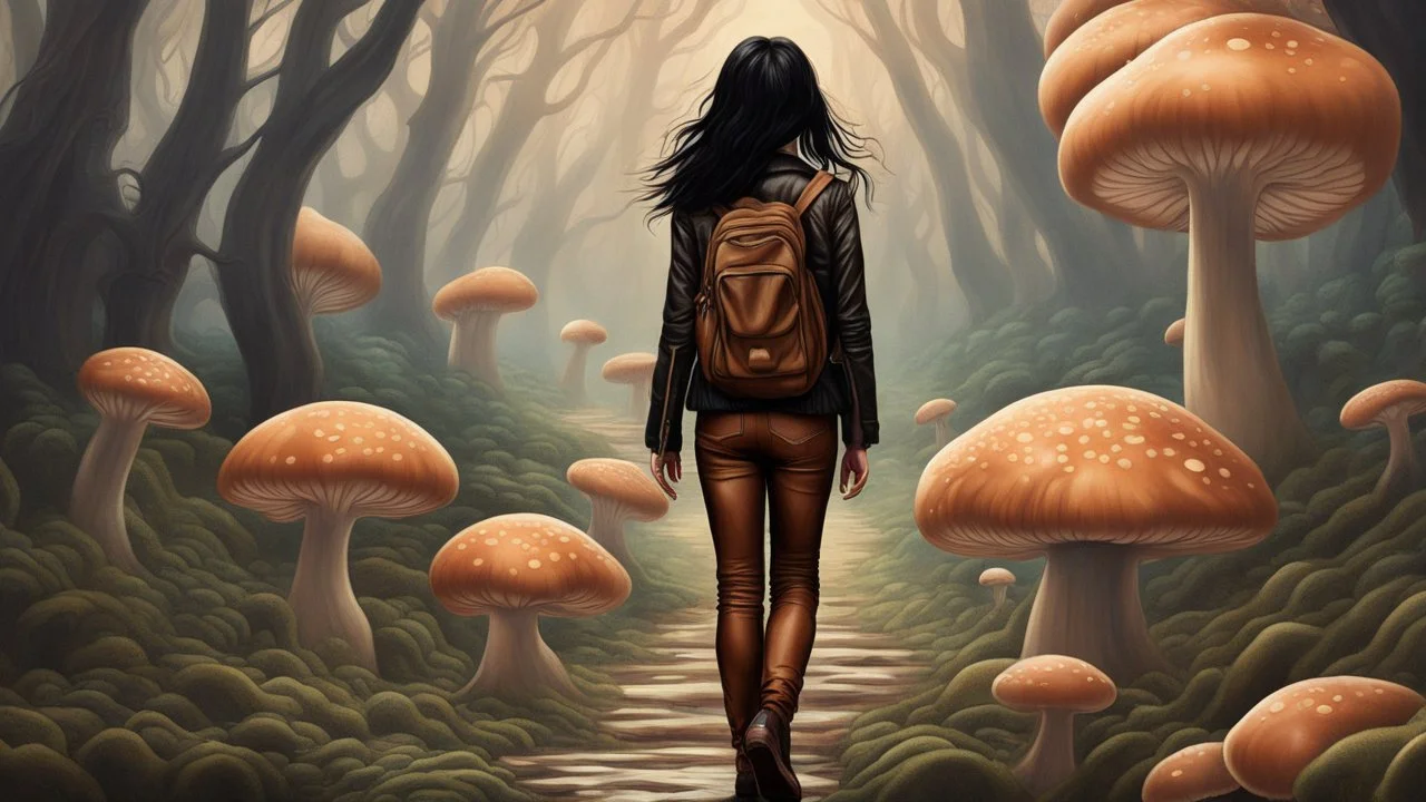 woman with black hair in a ponytail, in light brown leather trousers and jacket, walking through a forest of Alien mushrooms with jellyfish tentacles, photorealistic, Deep Colour, Intricate Detail