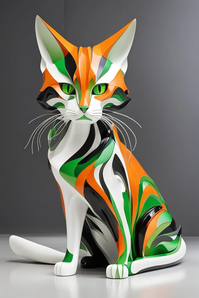 Pop art sculpture of a beautiful cat with long, wavy, thick hair, pointed ears, bright green eyes, Zaha Hadid style, orange, black and white colors, ultra quality, (((full body))), sitting on the floor