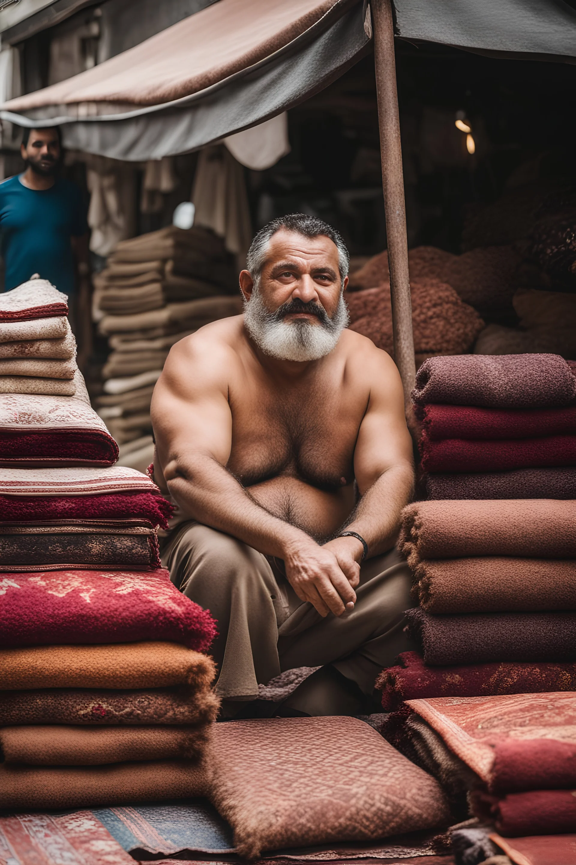 close up photography of a burly beefy strong 44-year-old turk man in Istanbul bazaar, shirtless, selling carpets sitting on a pile of carpets, biig shoulders, manly chest, very hairy, side light, view from the ground