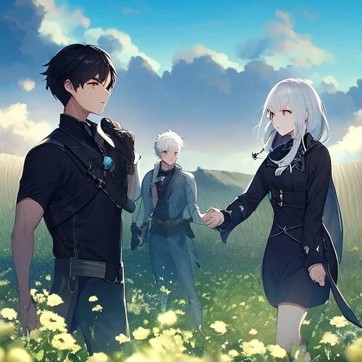 Girl with white hair. Boy with black hair wearing leather. Field