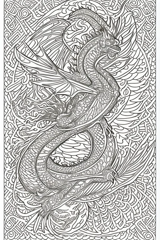 coloring book page of a flying dragon, mandalas