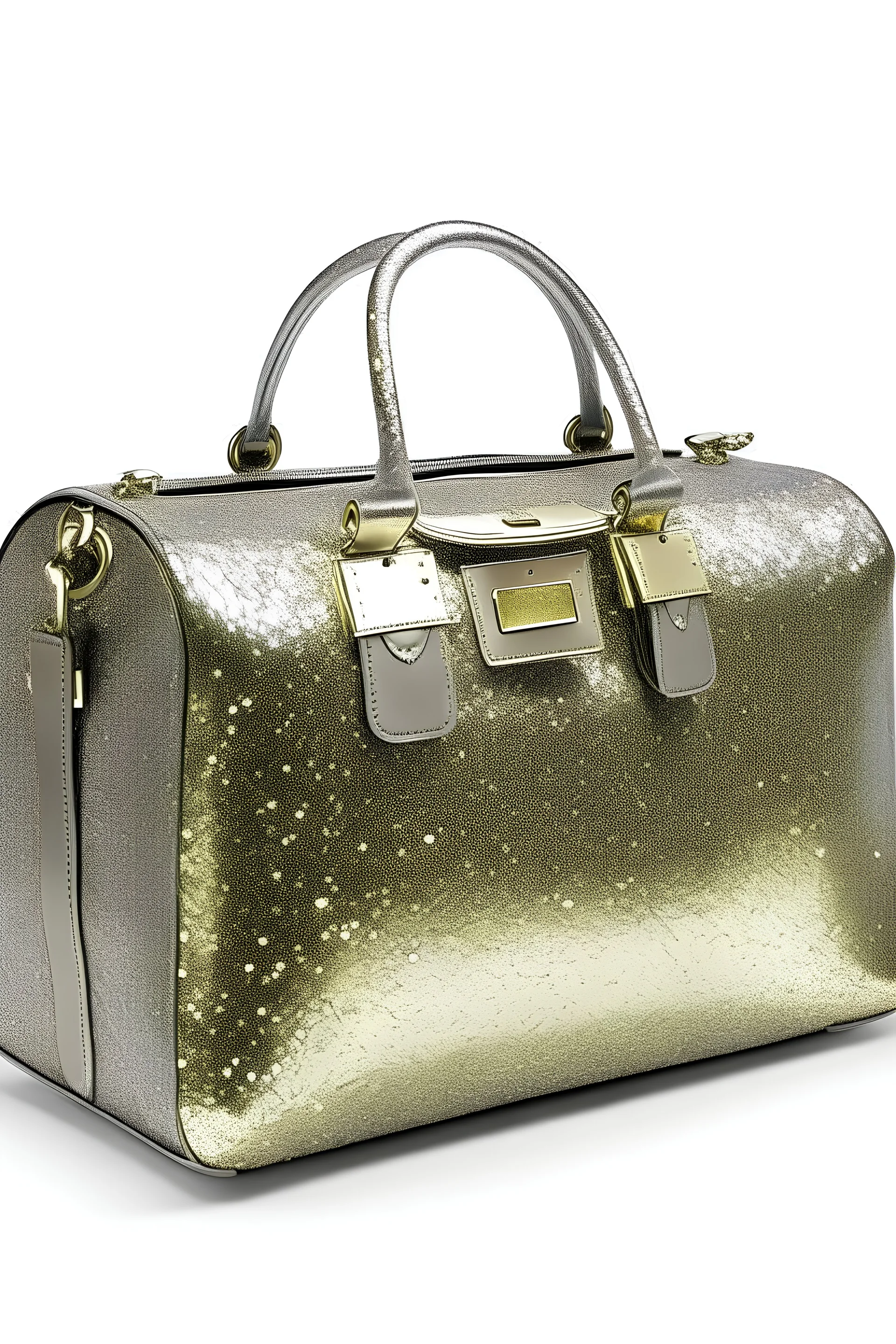 Oversized silver glitter travelbag with golden clasps