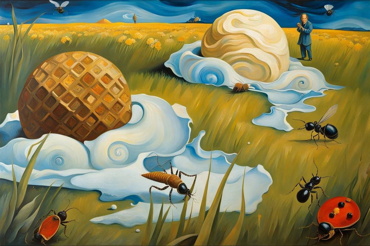 painting from lies down in the grass a Fallen Ice-cream, the dropped ice cream melting, ants crawling on ice cream , whimschical, detalied painting by Van Gogh and dali, high detailed, sharp focuses, masterpiece