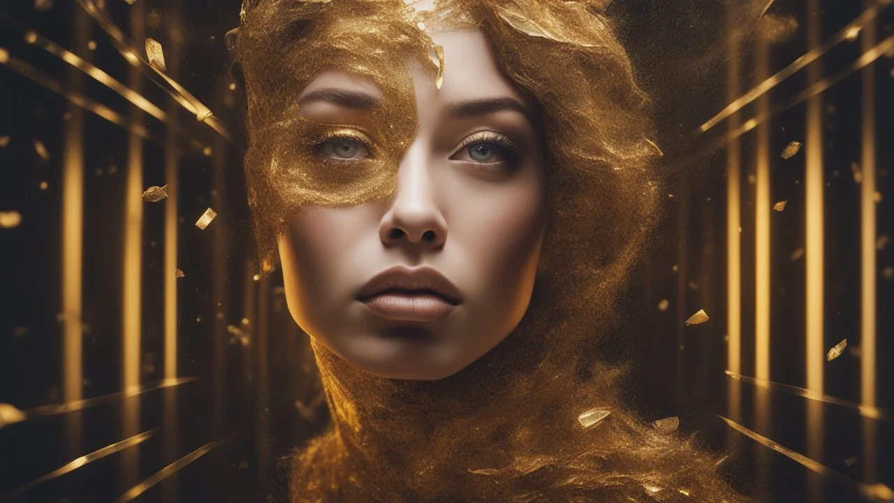 Creature, Mixed Media, Collage, Surreal Futuristic Portrait, Volumetric Lighting, Golden Fragments, Glitter, Glow, Serene and Mysterious Aura, Surrealism, Impasto, Textured, 3D, 8K, Best Quality, Fine Art, High Detail, Hyperrealism, High Resolution, High Definition, Layered, Hyperfocus,