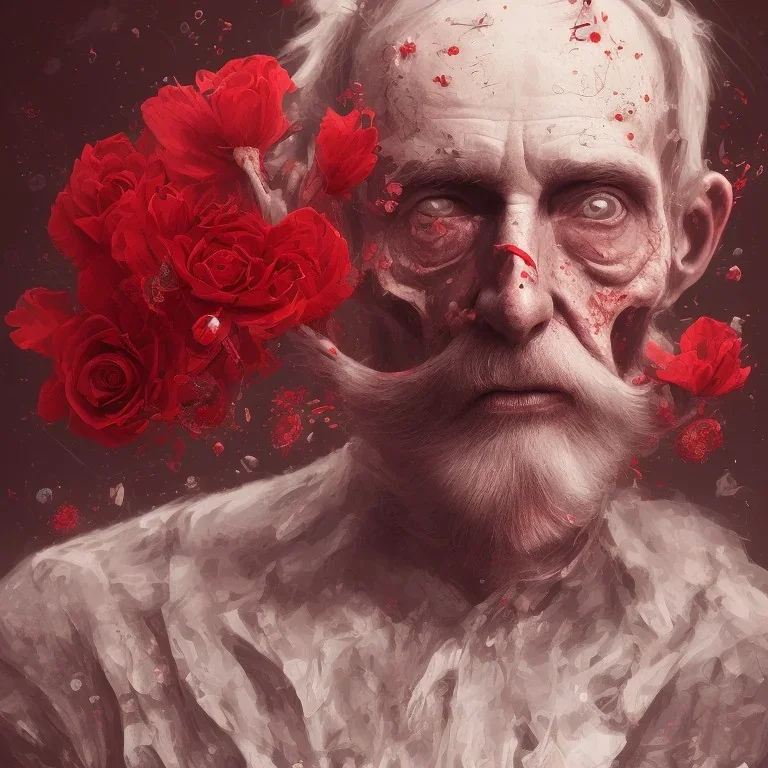 Extremely detailed portrait of man with a fading head into oblivion with red flower accents, digital painting.