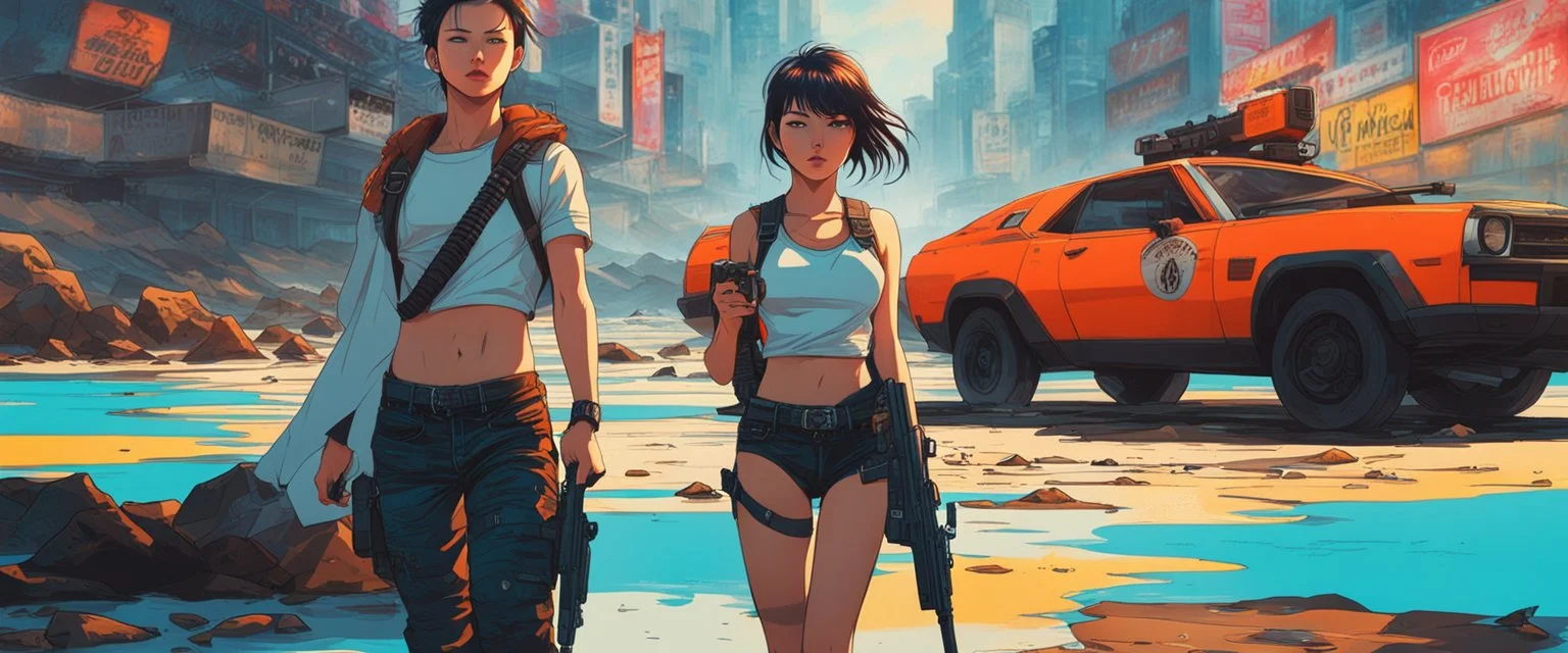 photo-realistic, amazing reflections, wonderful textures, perfect skin, dynamic, cinematic, dramatic, deep low angle: a cyberpunk girl and boy posing with handguns on a polluted littered nuclear beach, front view, close-up, summer vibe, Akira vibe, Katsuhiro Otomo style, bold vivid colors, sharp shadows, black outlines, ultra detailed, extremely intricate, sweat droplets