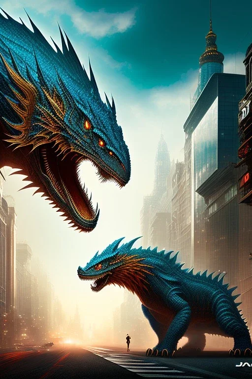 Kaiju, gloomy, 8k resolution, intricate details, ornate details, soft lighting, vibrant colors, retroanime, masterpiece, intricate eyeliner, dark eyeshadow, eyes, intricate tattoos, Modern city background