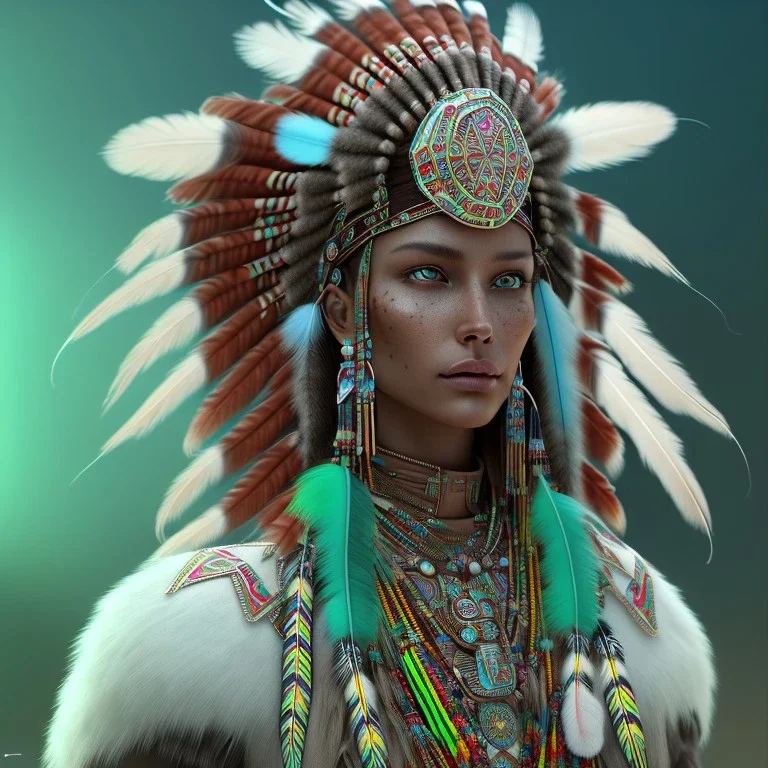 New Mexico pueblo Indian, pueblo Indian, 12k, ultra high definition, finely tuned detail, unreal engine 5, octane render, ultra-realistic face, realistic headdress, detailed make-up, green chile, zia, detailed turquoise jewellery, detailed hair, detailed feathers, red glowing fire background, optimism chain