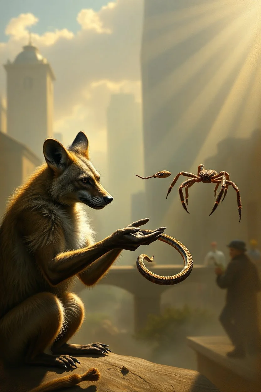 aardwolf man snake spider juggling, painting by Rembrandt, with motion blur city background, and volume light fog with sunlight rays
