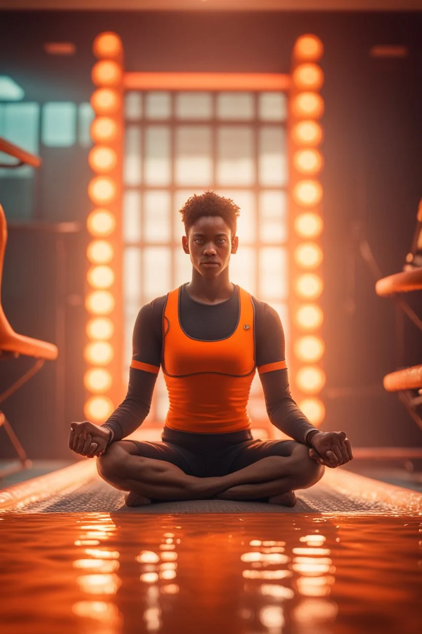 portrait of the darkest young yoga diver in an orange pool in fallout 4 setting, bokeh, downlight, prize winning, depth of field, in the style of ivo caprino, downlight, furry chair, backlight, aura