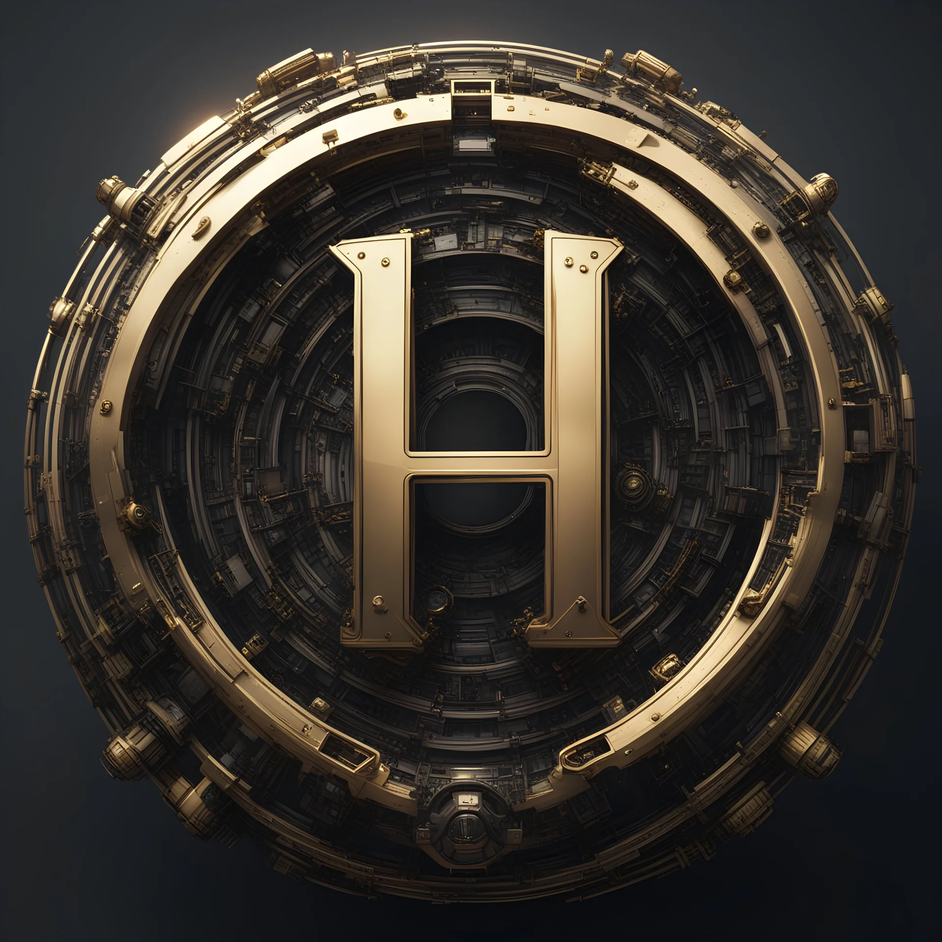 create me a large letter H encased in a thin round, ornate golden ring. mechanical futuristic space cyberpunk style. extra electrical and pneumatic details, robot arms, laserguns. think dyson sphere, warp core, plasma couplings. background should be #000000 full black.