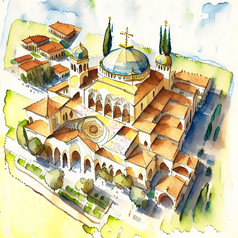 aerial view watercolour drawing of a byzantine cathedral in the style of art novel and torat