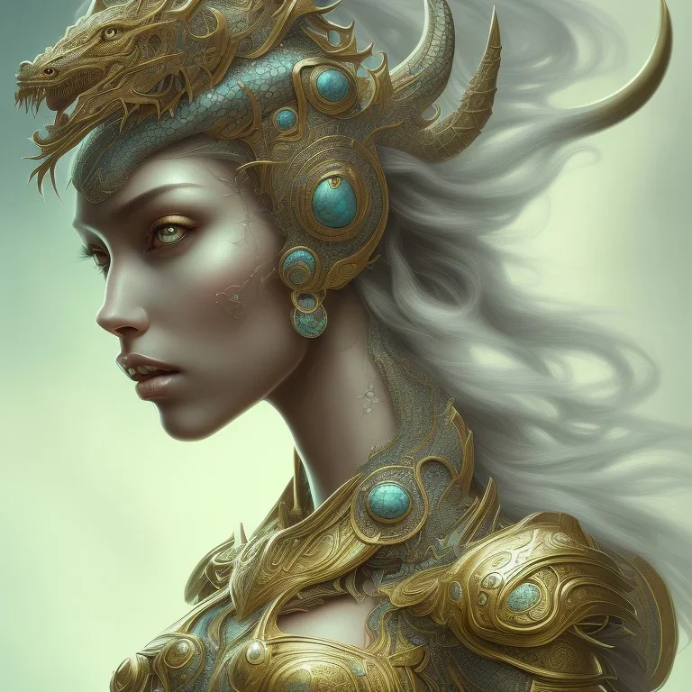 sango fantasy, fantasy magic, intricate, sharp focus, illustration, highly detailed, digital painting, concept art, matte, artgerm and paul lewin and kehinde wiley, masterpiece silver dragon head golden African nice breast Afo woman turquoise waves