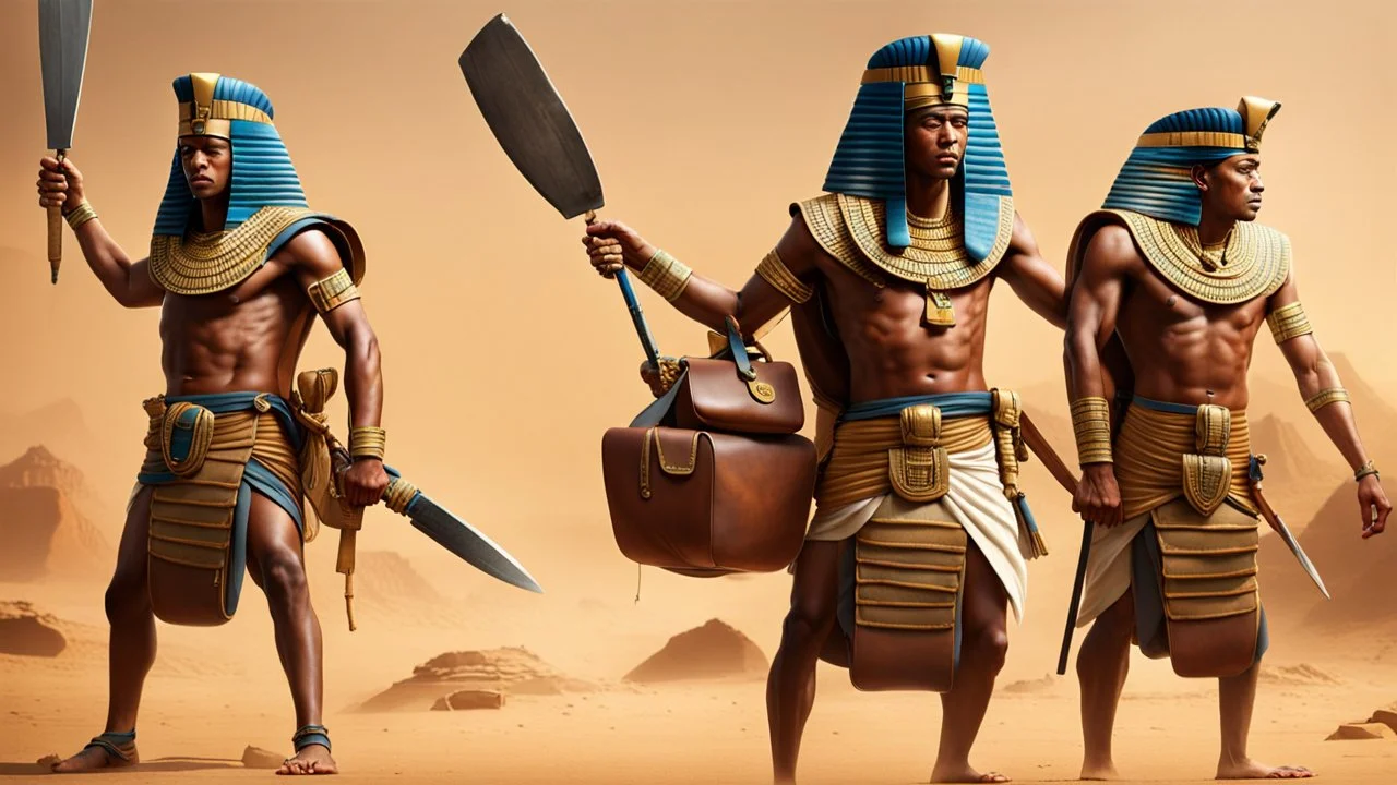 Pharaoh soldiers tear open leather bags with knives and take them out