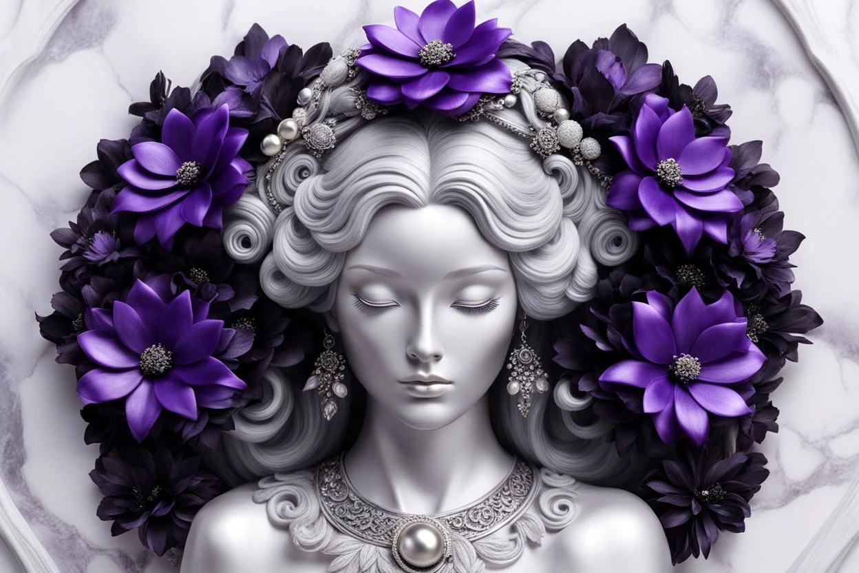 A silver-haired statuesque woman with black-purple silk flowers blooming around her head like a halo. She black to be carved from a block of marble, showcasing an intricate and flawless design. Her enchanting shiny gaze and the delicate flowers, plants decorations surrounding her make this piece a perfect representation of artistry , mystic fantasy and elegance.