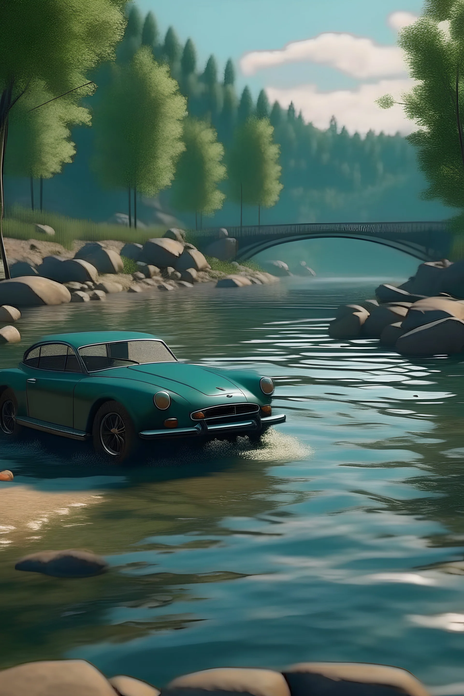 Draw a car next to the river in a cinematic mode