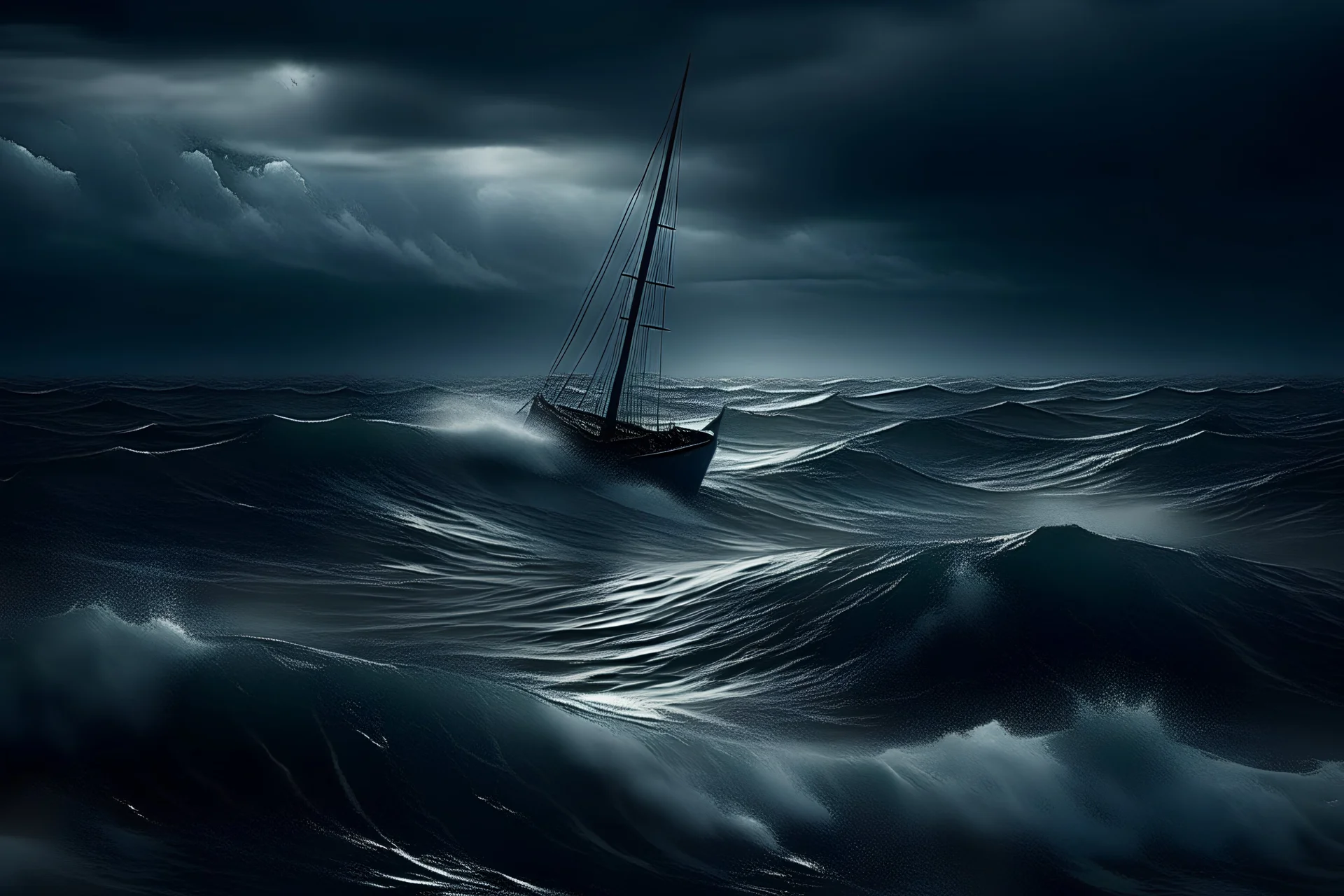 A sailboat on the ocean during a violent storm with high waves. Dark clouds hang in the sky. Lightning flashes on the horizon. Birds fly in the sky. Highly realistic. Colors of dark blue and black.