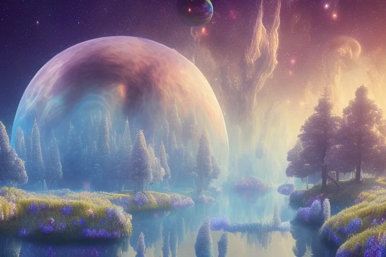 white and gold crystal cosmic and galactic ambiance sky trees river lake surreal, full of details, smooth, bright sunshine，soft light atmosphere, light effect，vaporwave colorful, concept art, smooth, extremely sharp detail, finely tuned detail, ultra high definition, 8 k, unreal engine 5, ultra sharp focus