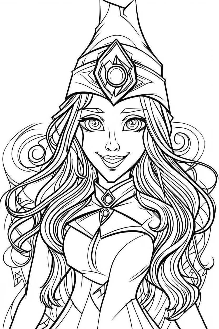 a cartoon image of scarlet witch smiling. kids coloring book. no color. thin crisp lines