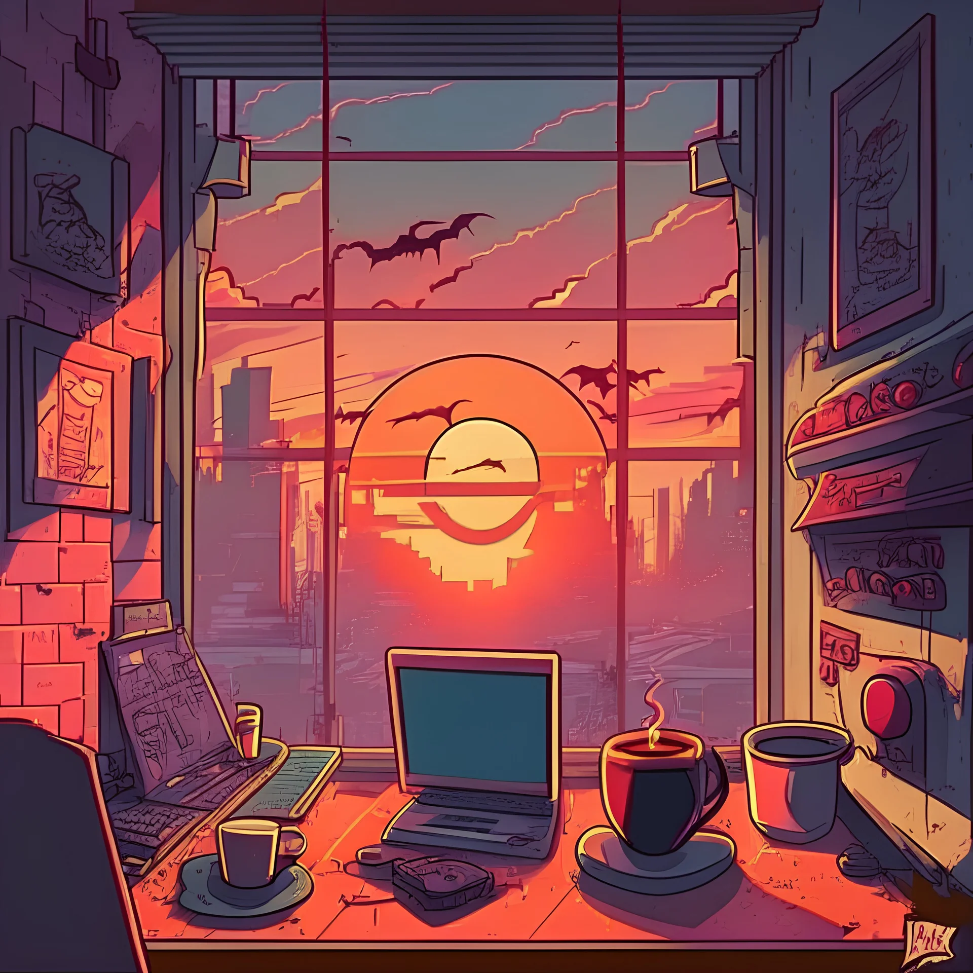 vampire city morning sunrise window coffee using a laptop computer in a game room in a house cartoon style