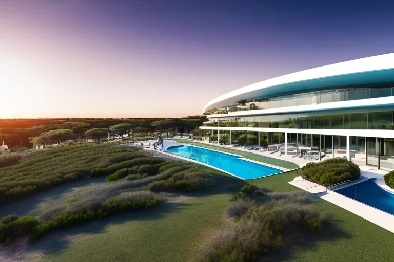 Sunset algarve in quinta do lago, one straight line building of 250 meters long modern luxury architecture with pool on rooftop, with green roofs and sun loungers next to pool, overlooking a tennis sport facility surrounded by pine trees, on a slope with pinus pinea, a wrap around road for low speed cars