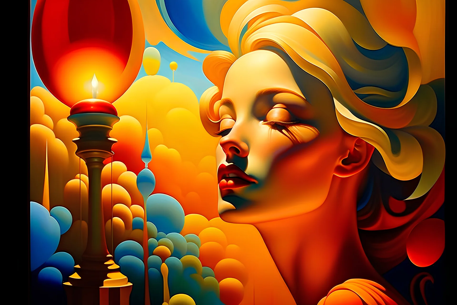 Close-up with faded misty colors. A Georgy Kurasov surrealist painting, with very long shadows, merging dream-like illogical objects that morph and melt into each other. The entire sky is a gigantic transparent glass female face with large eyes and a tropical forest inside her transparent head, merging with clouds. Huge golden alarm clocks, light bulb, dial telephone, typewriter, green apples. Under a light blue sky with puffy clouds.