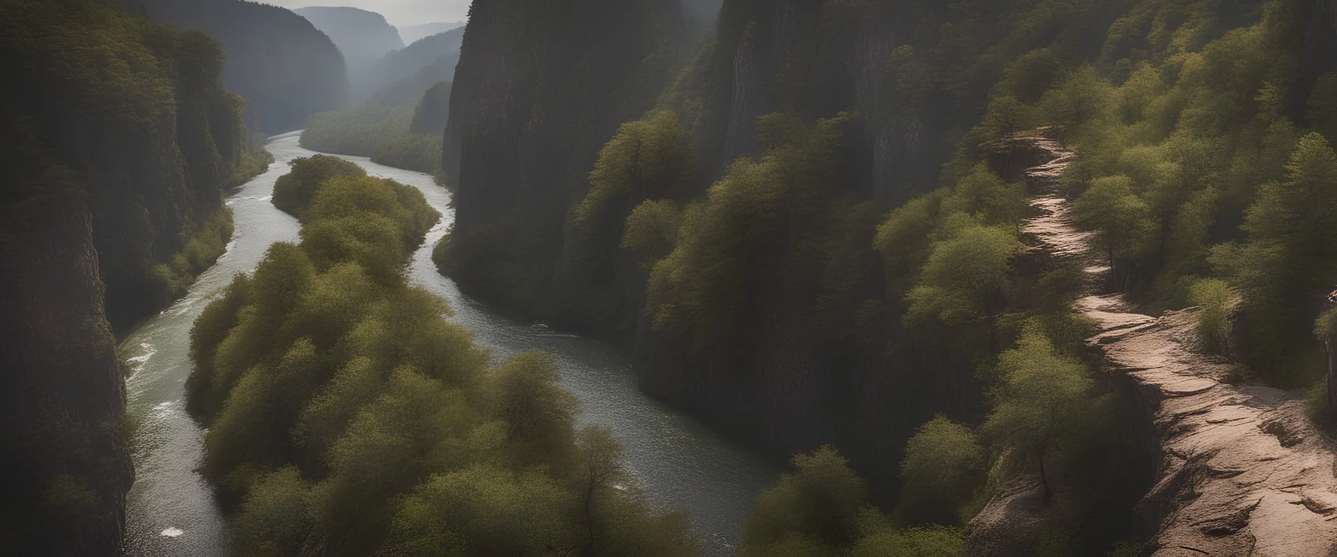 sentier naturel dans la falaise vertigineuse d'un canyon karstique très étroit surplombant une rivière avec des rapides dangereux