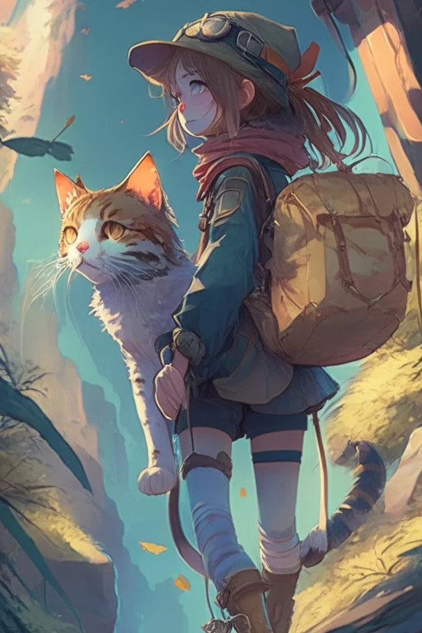 a girl and Cat on an Adventure, 4k, full detail, high resolution, digital art, anime, b