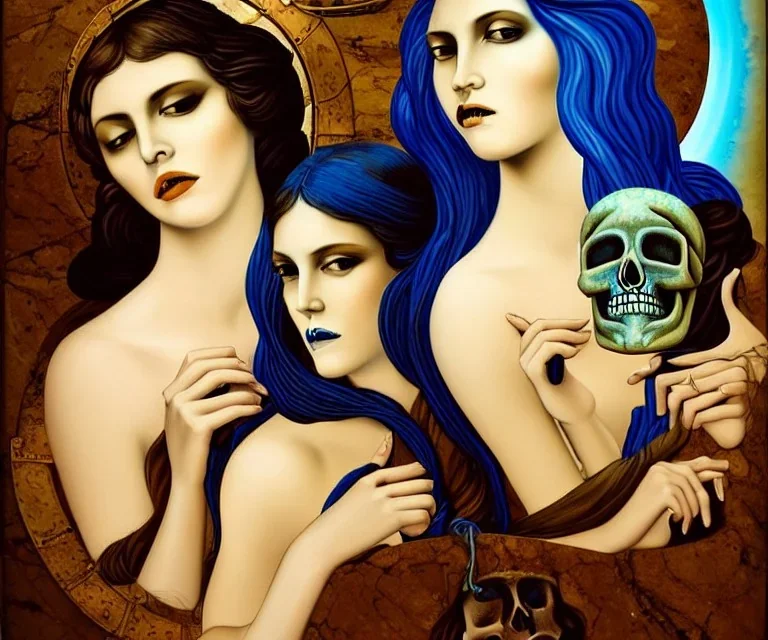 Very sensual gorgeous "Las tres gracias" Post modern art. 3 young white woman brunette hair maiden dressed in blue posing sensually with plaits, and with a skull in her hand, background of ancient marble Roman arcs heavenly sunshine beams divine bright soft focus holy in the clouds steampunk engine.