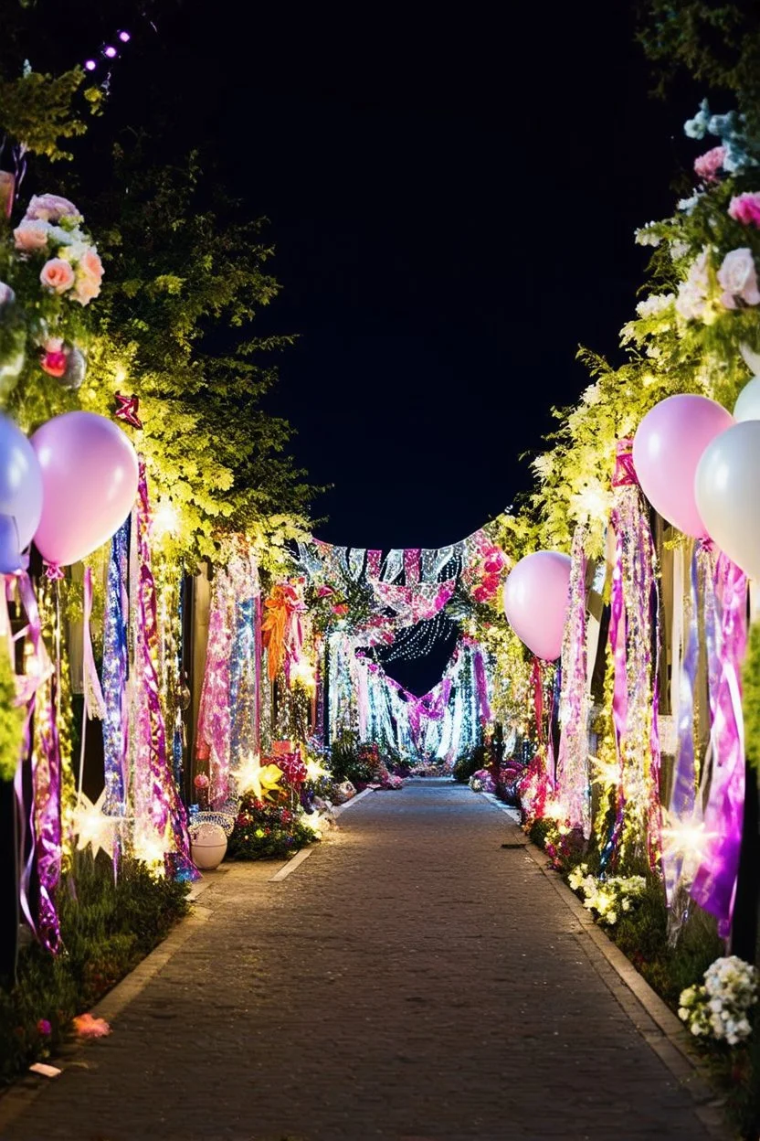 a beautiful night street decorated with lights , balloons, ribbons, flowers, glittery items