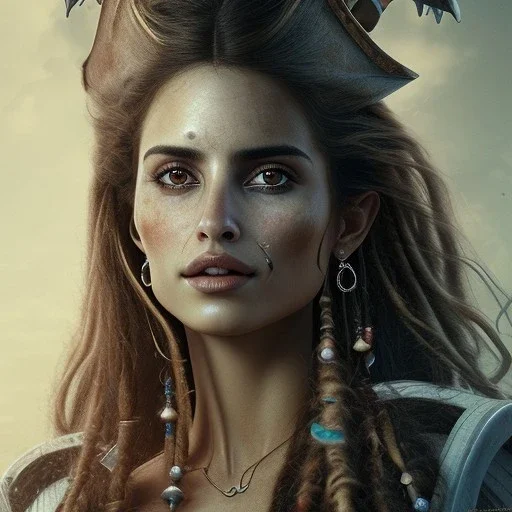 best quality, realistic lighting, masterpiece portrait of Penelope Cruz from pirates of the Caribbean, details, light dusting of freckles, shot from above, simple chain hauberk, warhammerVector art matte painting digital illustration 3D shading CryEngine Behance HD 3Delight