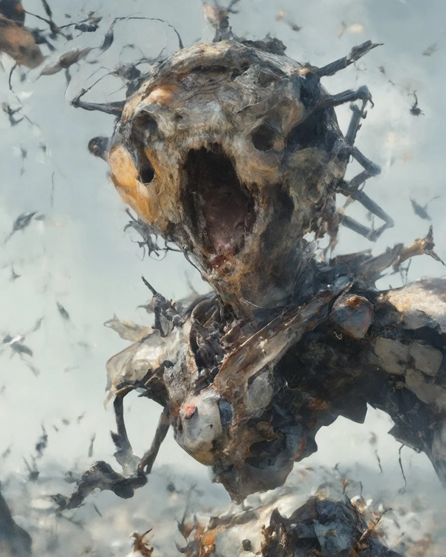 horror, swarming mechanical robotic insects, screaming humanoind, pain, decay