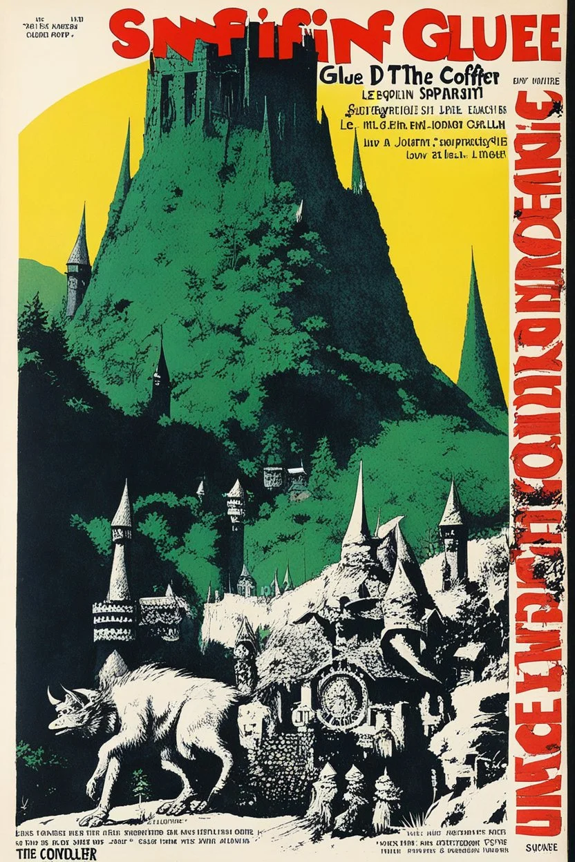 SNFFIN' GLUE mag cover by Lyon Sprague de Camp for a special issue on Le Coffre d'Avlen, aka The Goblin Tower (1968), guest star: Jorian from the Xylar Kingdom