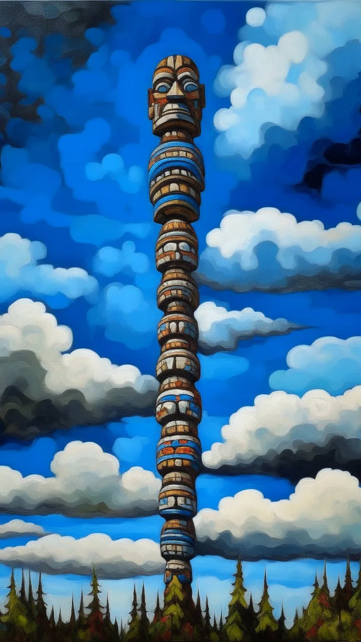 Sky blue clouds with Pacific Northwest totem poles painted by Gustave Courbet