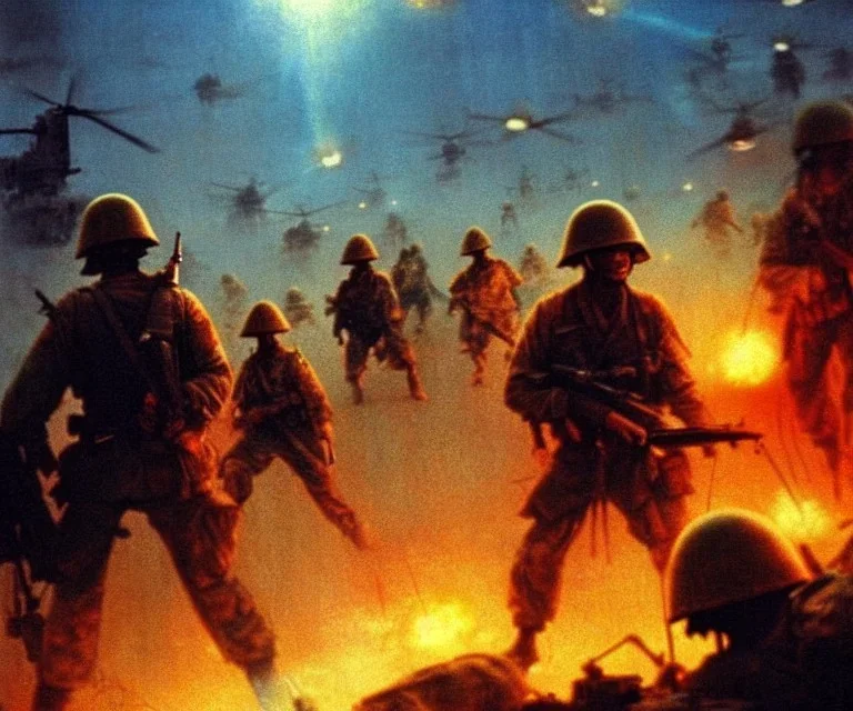 vietnam war. war. napalm. bokeh. lens flare. warm lights. high detailed. beksinski