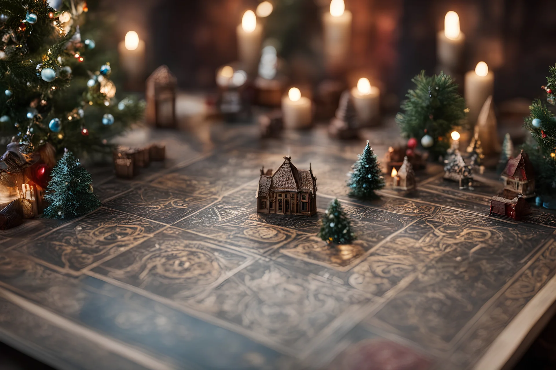 Photoreal view of a magnificent dungeons and dragons board game in christmas style with a christmas tree with intricate details by lee jeffries, in the style of fantasy movies, photorealistic, shot on Hasselblad h6d-400c, zeiss prime lens, bokeh like f/0.8, tilt-shift lens 8k, high detail, smooth render, unreal engine 5, cinema 4d, HDR, dust effect, vivid colors