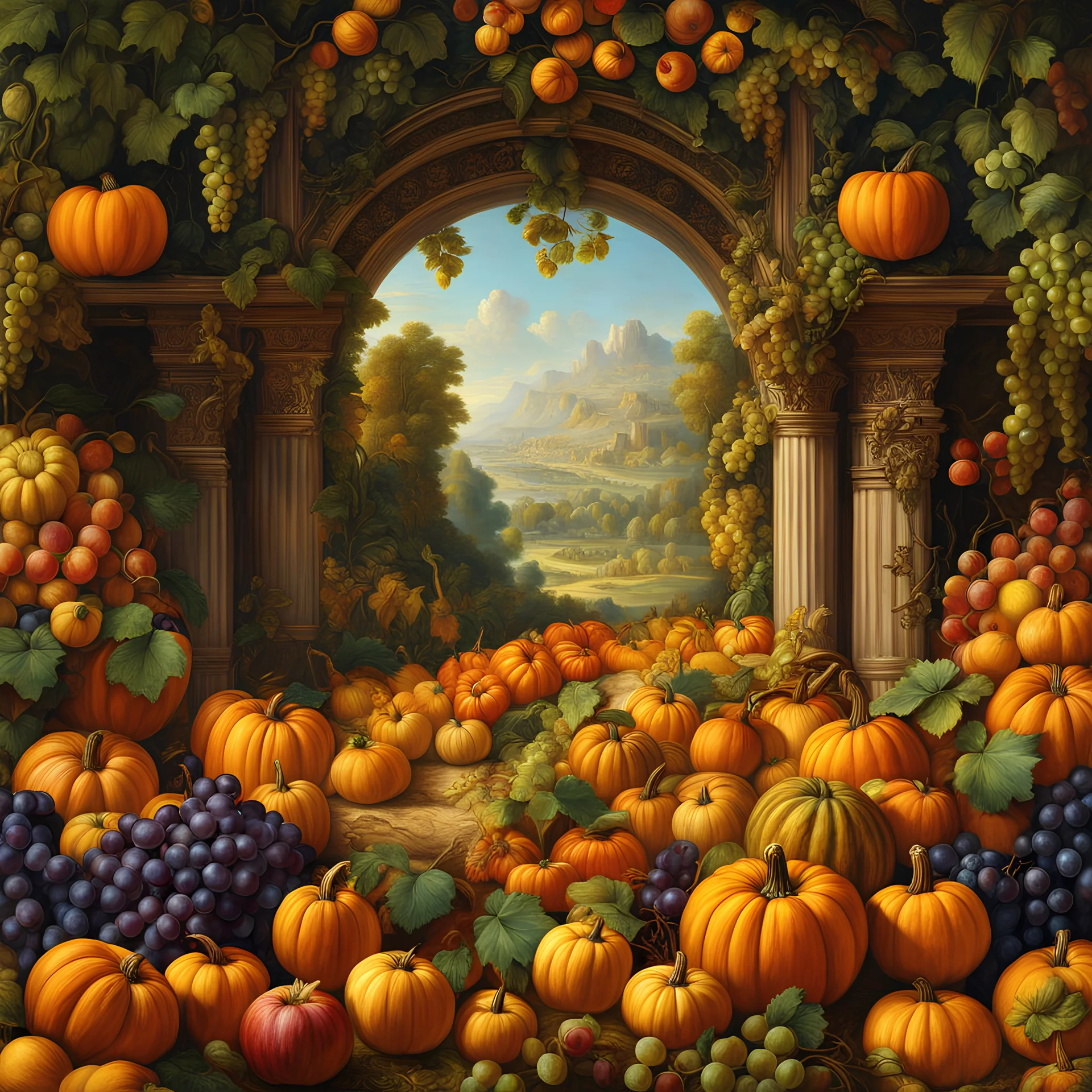 Paradise of pumpkins, apples, grapes, corn, and more,colorful8k resolution concept art,By Leonardo da vinci,Michelangelo,Raffaello deep color, daytime Lighting, digital illustration, 4K, Hyperdetailed, Intricate Details, 3D shading, Art of Illusion